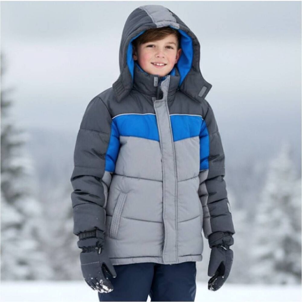 Vertical Blue‎ Grey Colorblock Hooded Insulated Puffer Jacket Large Winter Snow
